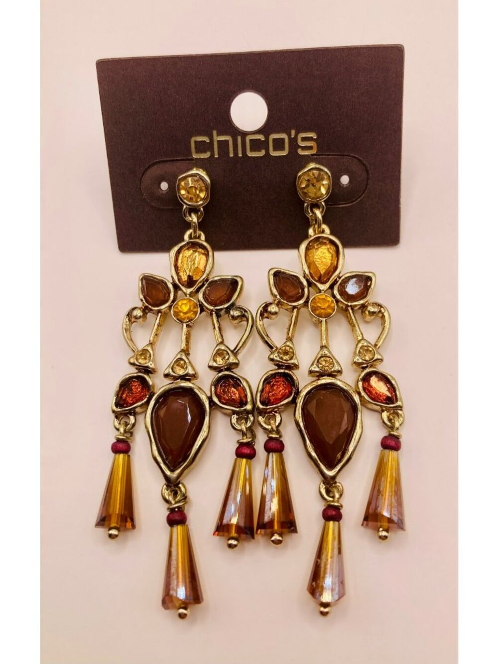 Chicos New With Tags Gold-Tone & Amber-Colored Crystal Chandelier Earrings -104B